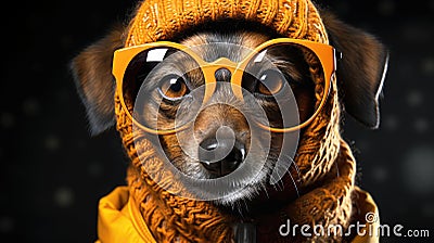 Portrait of a funny dog with glasses, sweater and orange cap ready to go for a walk. Generative AI Stock Photo