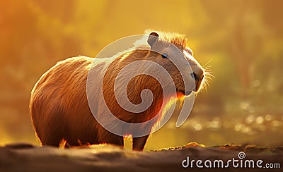 Portrait of a capybara in water at sunrise Stock Photo