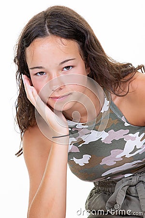 Portrait of casual beauty young woman teenager girl fashion army camouflage T-shirt on white background Stock Photo