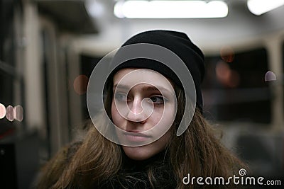 Portrait of casual girl hipster in public transport Stock Photo