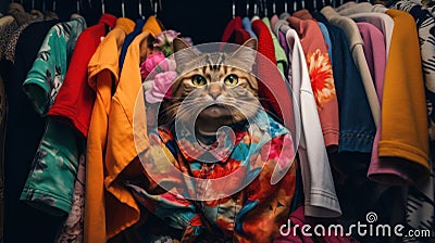 Portrait of a cat in a colorful shirt in a wardrobe. Generative AI Cartoon Illustration