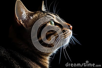 Portrait Of Cat European Shorthair In Profile On Black Matte Background. Generative AI Stock Photo