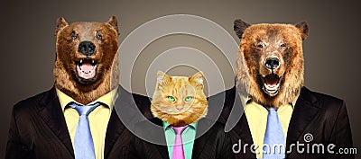 Cat guarded by two bears in business suits Stock Photo