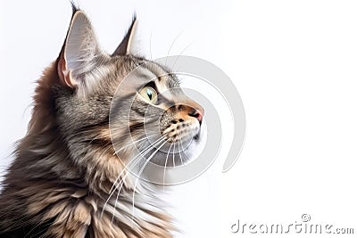 Portrait Of Cat Kurilian Bobtail In Profile On White Background. Empty Space. Generative AI Stock Photo