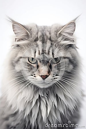 Soulful Housecat Stare Silver Tabby Long Haired Cat Stunning Pet Portrait for Creative Projects Stock Photo