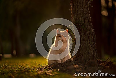 Portrait of cat sitting by a tree in a garden in a green city park on a green background, backlit from the sun Stock Photo