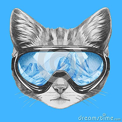 Portrait of Cat with ski goggles. Cartoon Illustration