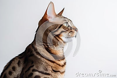 Portrait Of Cat Toyger In Profile On White Background. Generative AI Stock Photo