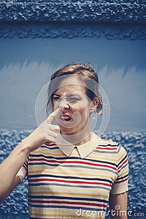 Caucasian beautiful woman with blue background Stock Photo