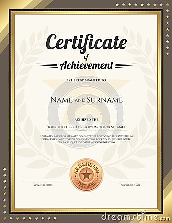 Portrait certificate of achievement template with gold border Vector Illustration