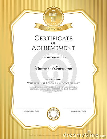 Portrait certificate of achievement template in vector with applied Thai art background, gold color Vector Illustration