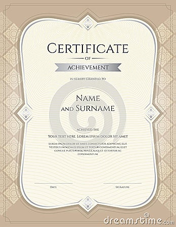 Portrait certificate of achievement template in vector with applied Thai art background, light brown color Vector Illustration