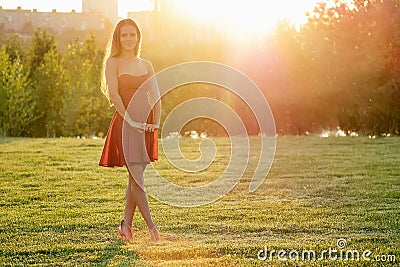 Portrait of charming and attractive beautiful tanned blonde long hair woman in evening cocktail dress and high stylish Stock Photo