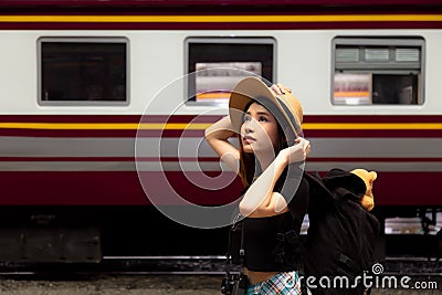 Portrait charming beautiful woman. Attractive beautiful tourist Stock Photo