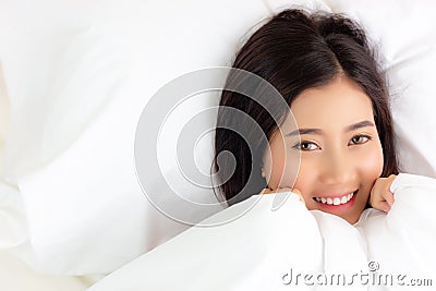 Portrait charming beautiful woman in bed. Attractive beautiful g Stock Photo