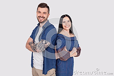 Portrait of charming charismatic freelancers entrepreneurs ready to solve business work problems take decisions. Wearing jeans Stock Photo