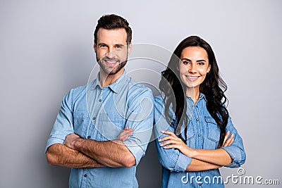 Portrait of charming charismatic freelancers entrepreneurs ready to solve business work problems take decisions. Wearing Stock Photo