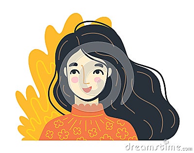 Portrait of charming joyful woman. Happy young girl. Hand-drawn character, face, head, avatar. Vector Illustration