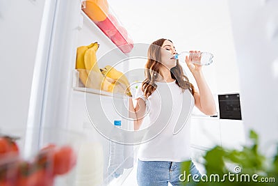 Portrait of charming lovely girl have morning running exercise want rest open fridge hold bottle drink water wear white Stock Photo