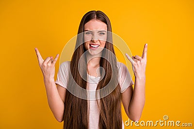Portrait charming millennial lovely person fool foolish positive cheerful carefree childish free time weekend celebrate Stock Photo