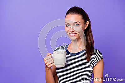 Portrait charming nice lady millennial striped t-shirt hold hand beverage hot smell feel confident cool independent Stock Photo