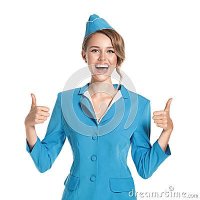 Portrait of charming stewardess wearing in blue uniform. Stock Photo