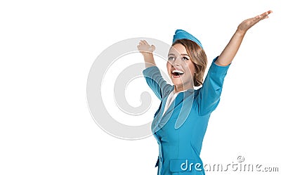 Portrait of charming stewardess wearing in blue uniform. Stock Photo
