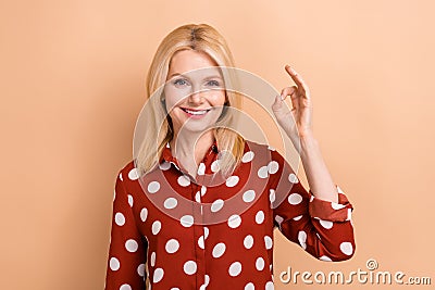 Portrait of charming worker lady demonstrate okey symbol sign approve everything under control isolated beige color Stock Photo