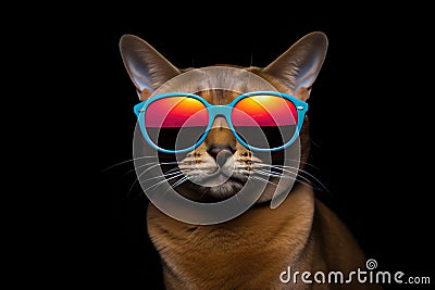 Portrait Chausie Cat With Sunglasses Black Background Stock Photo