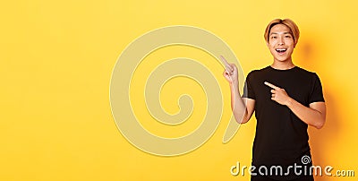 Portrait of cheerful asian man pointing fingers upper left corner, smiling and showing banner satisfied, yellow Stock Photo