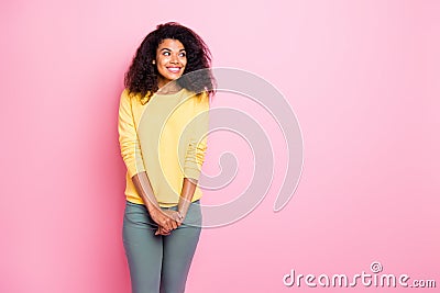 Portrait of cheerful cute african girl have weekends feel glad enjoy free time think about her best male friend wear Stock Photo