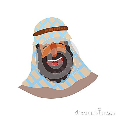 Cheerful Egyptian man in keffiyeh. Cartoon character of adult male with big black beard. Arab in traditional headdress Vector Illustration