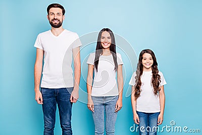 Portrait of cheerful fun three people entrepreneurs ready to solve work problems wear white t-shirt denim jeans isolated Stock Photo