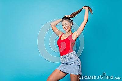 Portrait cheerful girl student enjoy dream dreamy rest relax prepare for spring weekend walk make hairdo ponytail touch Stock Photo