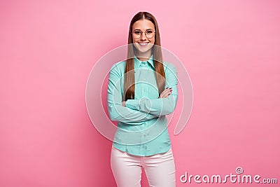 Portrait of cheerful modern charming girl cross hands ready decide choose work job decisions choices wear good look Stock Photo