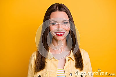 Portrait of cheerful positive cute pretty nice girlfriend looking at you with smile isolated vivid color background Stock Photo