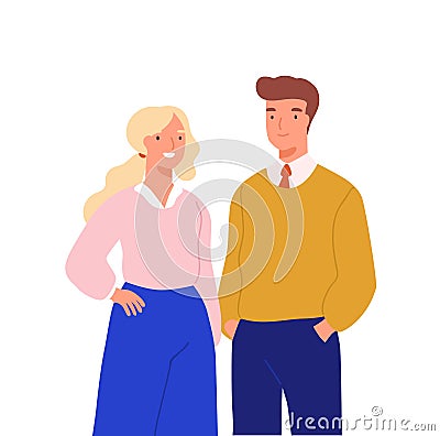 Portrait of cheerful woman and man wearing casual clothes. Couple of smiling businesswoman and businessman standing Vector Illustration