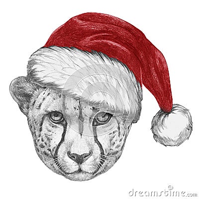 Portrait of Cheetah with Santa Hat and glasses. Cartoon Illustration