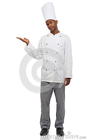 Portrait, chef and advertising with hands, professional and isolated guy on white studio background. African person Stock Photo