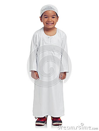 Portrait, children and muslim with a boy in studio isolated on a white background for religion or belief in allah. Islam Stock Photo
