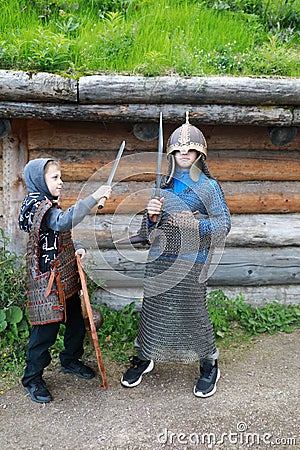Two children in Viking Armor Stock Photo