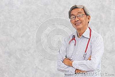 Portrait of Chinese doctor healthy old man Asian elder standing smile with space for text Stock Photo