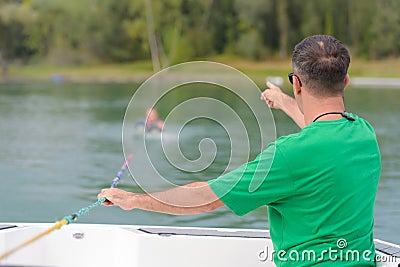 portrait coach during waterskiing training Stock Photo