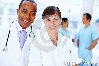 Portrait, collaboration or doctor with healthcare, nurse or medicine with trust, about us or medicare. Face, people or Stock Photo