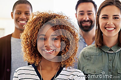 Portrait, collaboration or leadership with a manager black woman standing with her team at the office. Management Stock Photo
