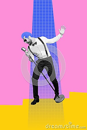 Portrait collage image of young singer attractive in gentleman holding microphone pop hit music isolated on painted Stock Photo