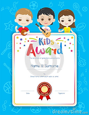 Portrait colorful kids award diploma certificate template in car Vector Illustration