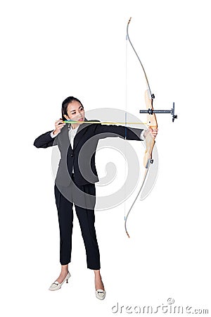 Portrait of concentrated female with crossbow in hands Stock Photo