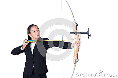 Portrait of concentrated female with crossbow in hands Stock Photo