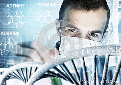 Portrait of concentrated male scientist working with reagents in laboratory Stock Photo